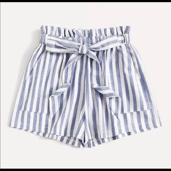 Blue White Striped Paperbag Shorts
